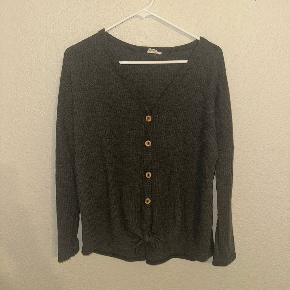 BiBi Charcoal V-Neck Sweater with Button Accents